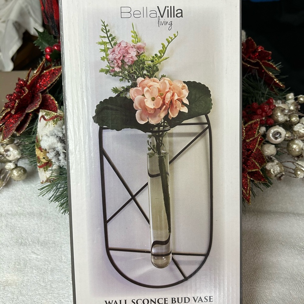 NWOT. Bella Villa Living Wall Sconce Bud Vase - Black with Pink Floral Accent